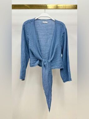 (113108-DNM) LINEN LONG SLEEVE TIE TOP